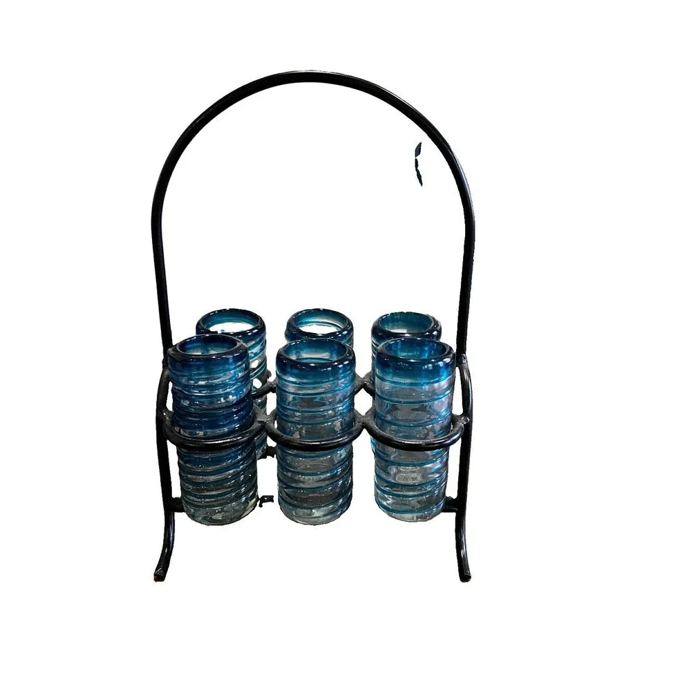 Set of 6 Mexican Hand Blown Confetti shot glasses and Metal Carrier, holder